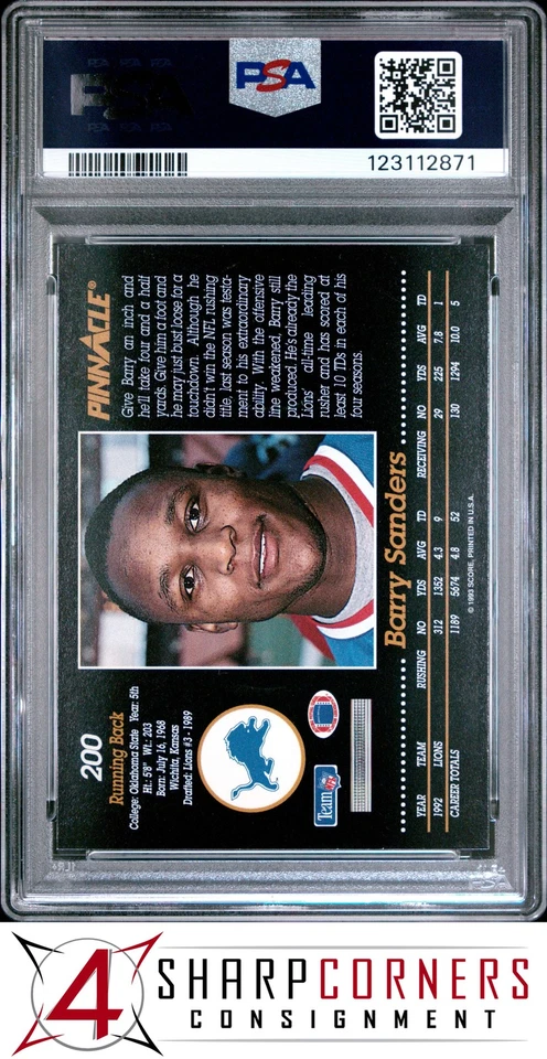1993 PINNACLE #200 BARRY SANDERS LIONS HOF PSA 10 - Image 2 of 3