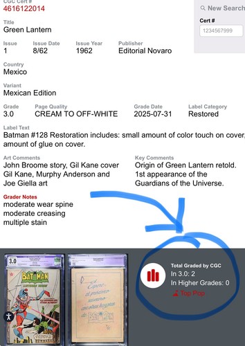 1962 Español Batman #128 CGC 3.0 Novaro México Toppop DC Comics Linterna Verde #1 - Imagen 2 de 7