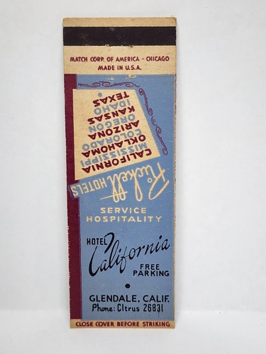 Vintage Matchbook Cover - HOTEL CALIFORNIA Glendale California Rickett Hotels