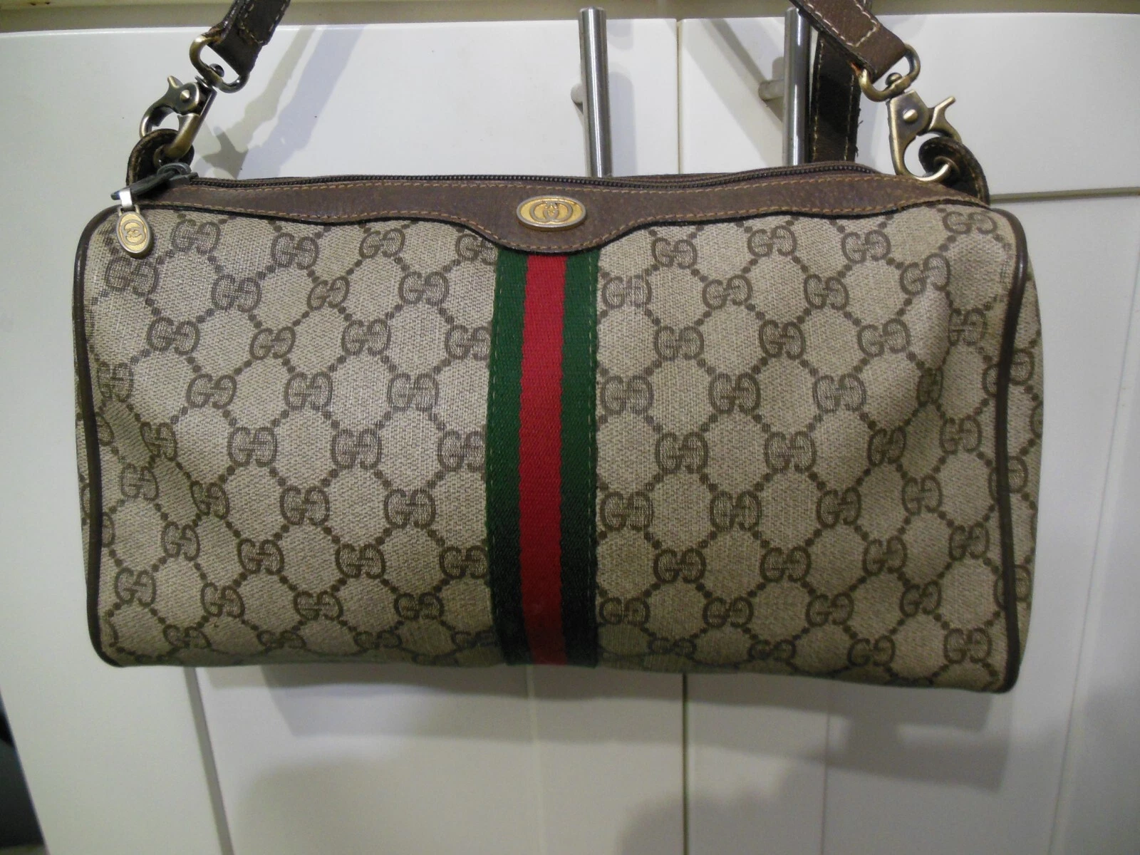 SAC BANDOULIÈRE VINTAGE GUCCI SHERRY LINE PVC MARRON GRAND IMPRIMÉ GG