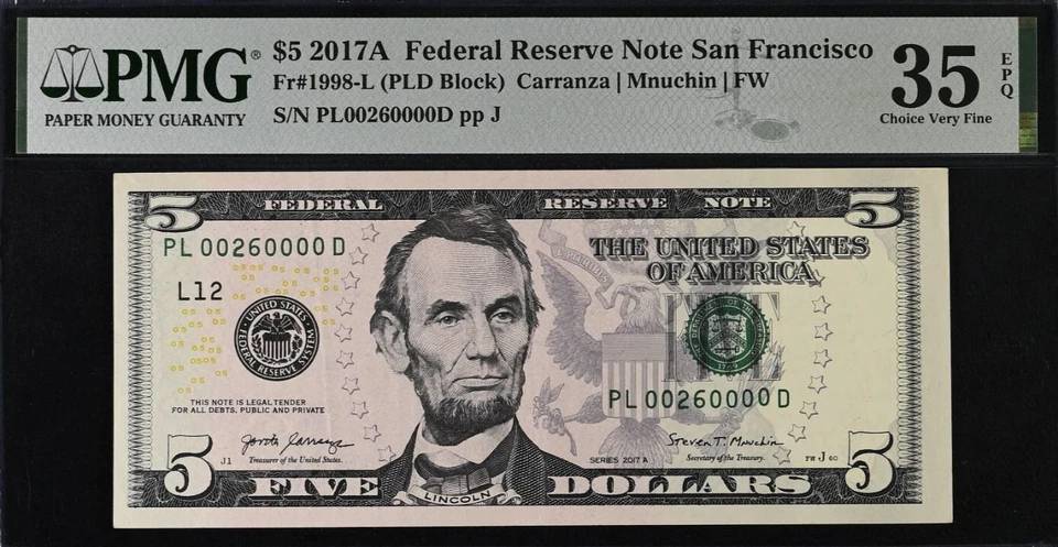 2017A $5 FRN San Francisco PMG 35EPQ - Fancy Birthday Serial Number 00260000 - Image 2 of 3