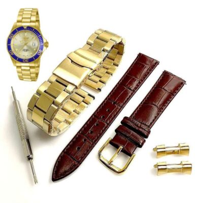 Pack of 2 Steel Leather Gold Replacement Watch Band Fits Invicta Pro Diver 14124