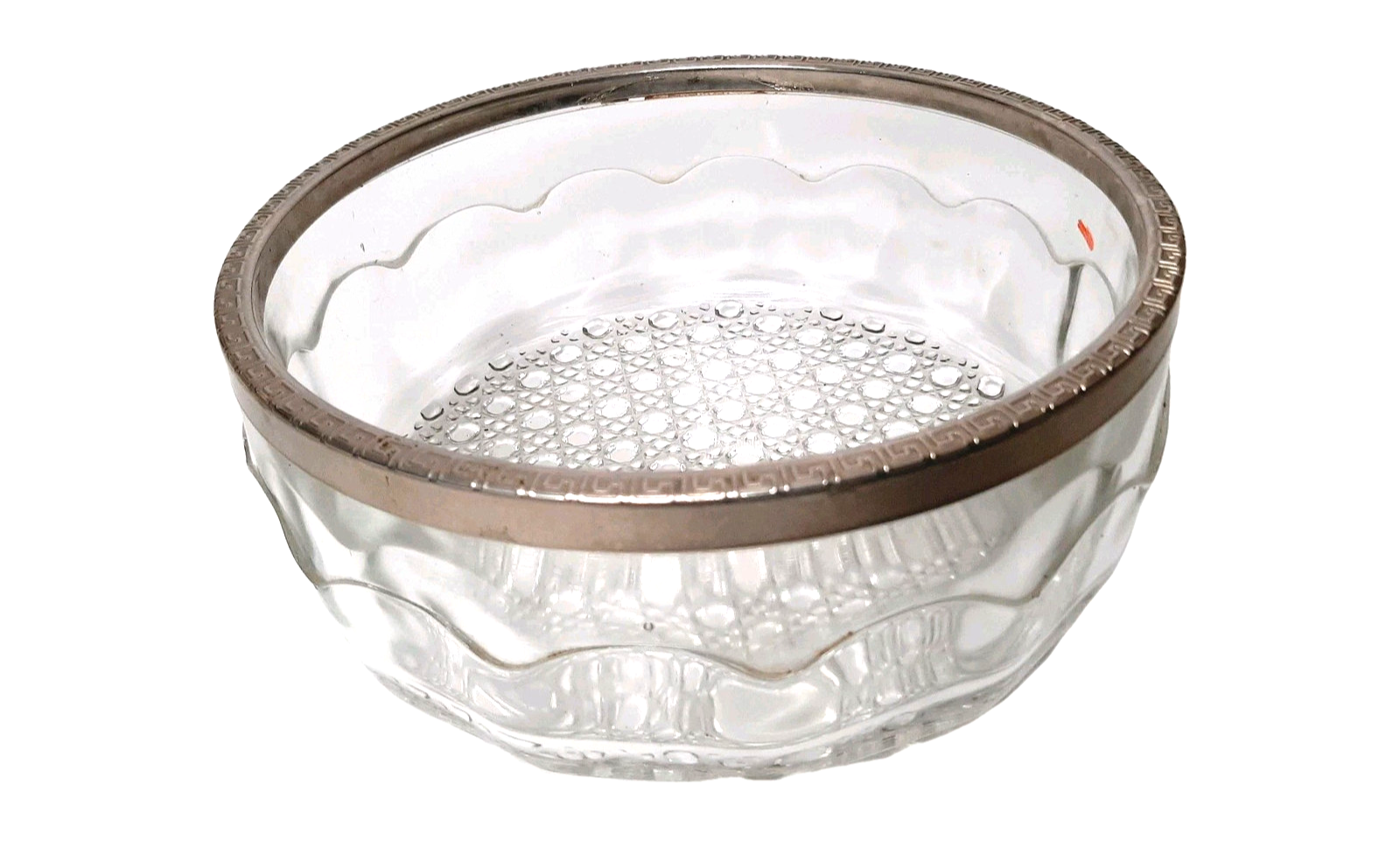Vintage Clear Pressed Glass Fruit Salad Bowl w/ Silver Plated Rim Bubble Bottom
