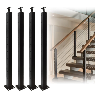 4 Pcs 42x2x2''  Cable Railing Post Deck Railing Black Post w/ Pre-Drilled Holes
