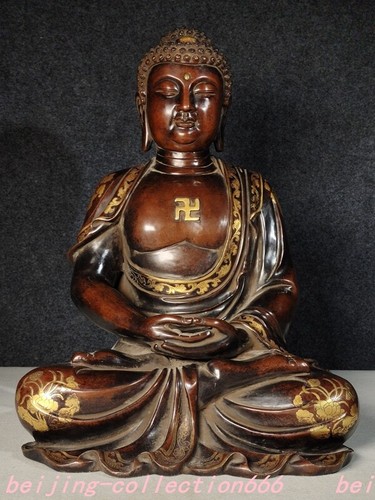 20" Tibet purple copper 24k gold Gilt Shakyamuni Sakyamuni Shakya Mani statue - Picture 1 of 7