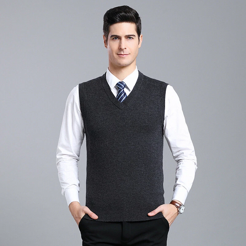 Mens Wool Knit Vest V Neck Underwaist Sleeveless Sweater Waistcoat