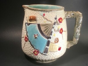 Very Old Antique Majolica English Pitcher Stork, Scrolls and Fans c.1800's