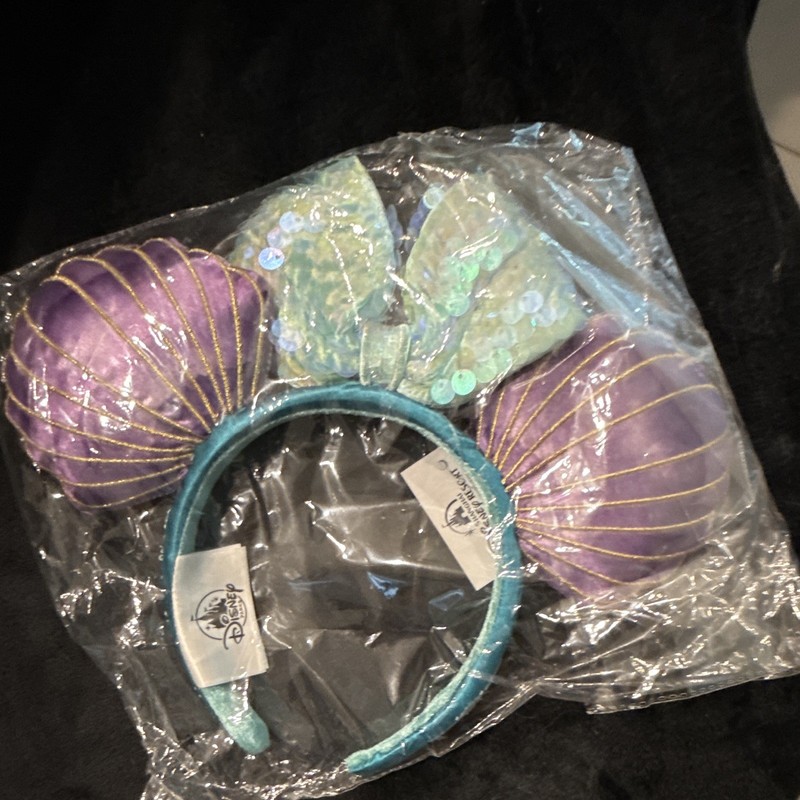 Disney Ariel Mermaid Ears Headband Purple Shell Ears Blue Sequin Bow Shanghai