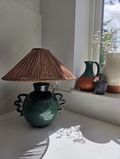 M&S Remi Table Lamp – Green Ceramic & Wicker Shade – New