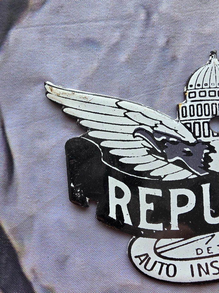 LETRERO DE PORCELANA VINTAGE REPUBLIC AUTO ASEGURANCE COMPANY OF DETROIT 5"×3.5". Foto 2 de 4