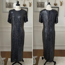 Vintage 80s 90s Modi Silk Heavily Beaded Sequin Dark Blue Amber Dress M 8 10