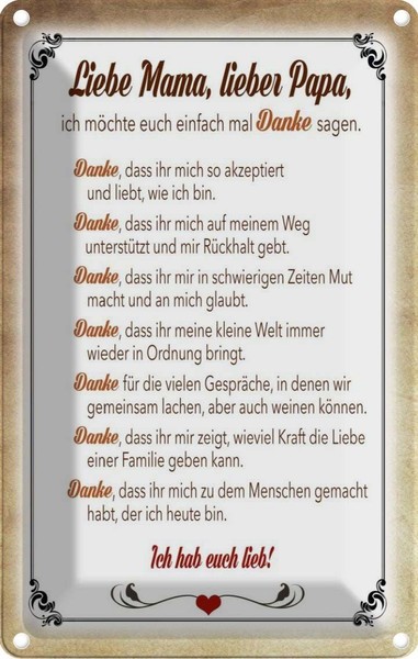 Blechschild 30X20 Cm Mama Papa Hab Euch Lieb Danke Familie Freunde Deko Geschenk-image