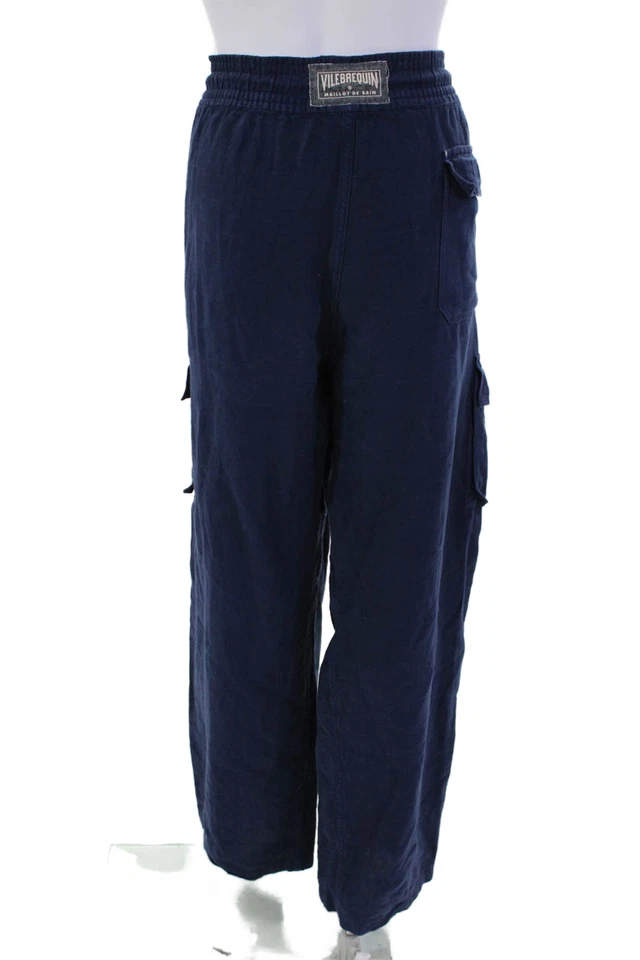 Pantalones de tiro alto de lino para mujer Vilebrequin azul marino talla extra extra grande Foto 3 de 4