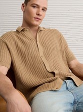 American Eagle Men Weekend Button-up Sweater Polo Shirt Short Sleeve Small Khaki