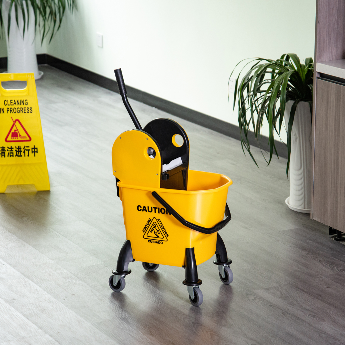 26L Yellow Mop Bucket with Wringer & Wheels Heavy Duty Cleaning Trolley Home