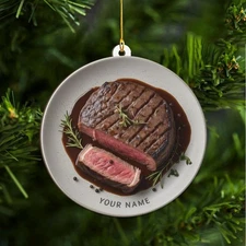 Personalized Steak Dinner Plate Ornament, Custom Name Meat Lover Xmas Decoration