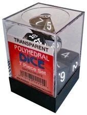 Koplow Polyhedral Transparent Smoke with White 7 Dice Set rpg game translucent