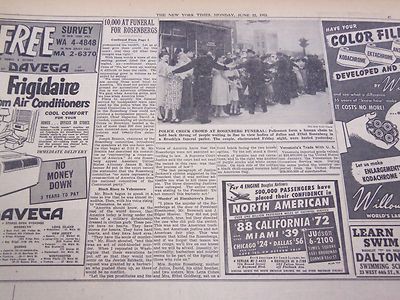1953 JUNE 22 NEW YORK TIMES - ROSENBERGS FUNERAL HERE TODAY - NT 4451