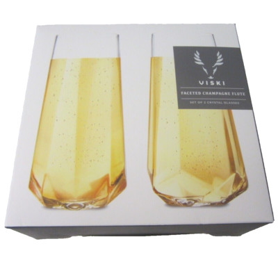 Viski Set of 2 Crystal Faceted Champagne Flutes #2215 Clear Modern Stemless NIB