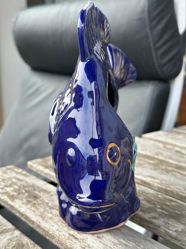 Vintage Table Lamp Fish in Glazed Ceramics Blue 21 cm - Picture 11 of 13