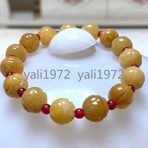 9-10mm Natural Yellow Burma A Jade jadeite Hand-Carved Lotus Bead Bracelet 7.5" - Picture 4 of 7