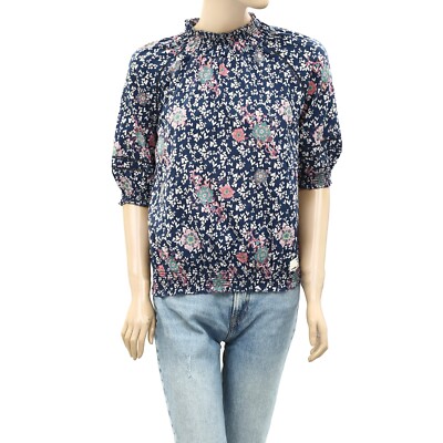Odd Molly Anthropologie Floral Print Smocked Blouse Top Mock Neck Navy S1 260311