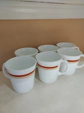 6 CORELLE CINNAMON DISCONTINUED COFFEE CUPS/MUGS, CINNAMON AND ORANGE BANDS