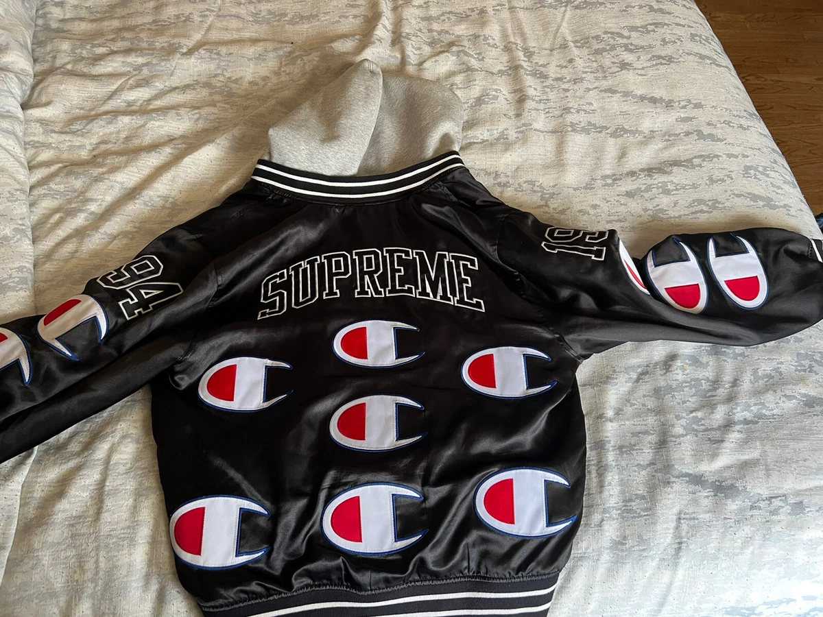 Supreme Champion Hooded Satin Varsity Jacket - Size M - Black | eBay