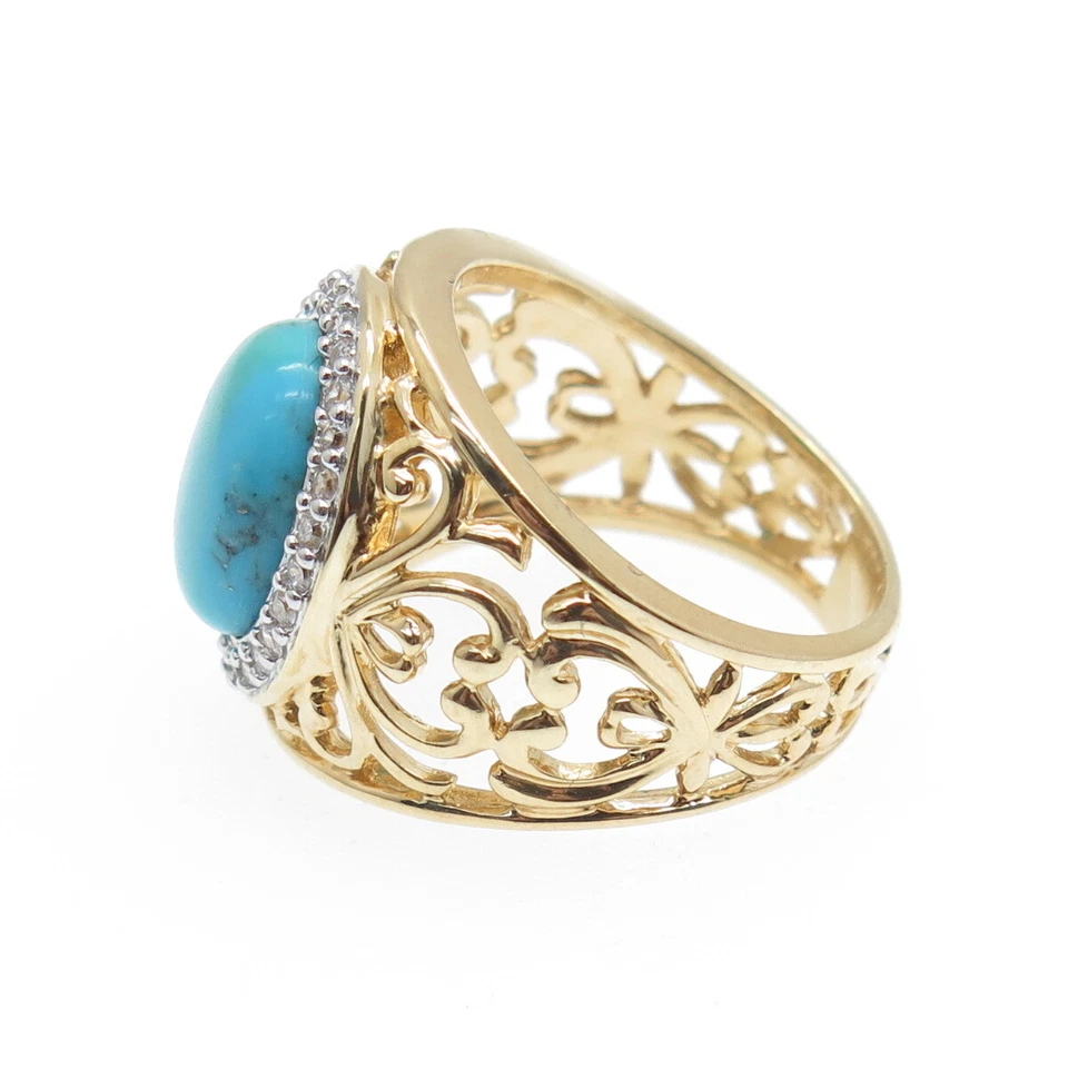 ROSS SIMONS 925 Sterling Silver Gold Plated Faux Turquoise & C Z Ring Size 6.25 - Image 4 of 4