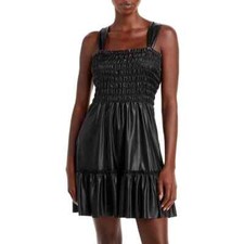 Aqua L21106 Womens Black Smocked Faux Leather Mini Dress Size S