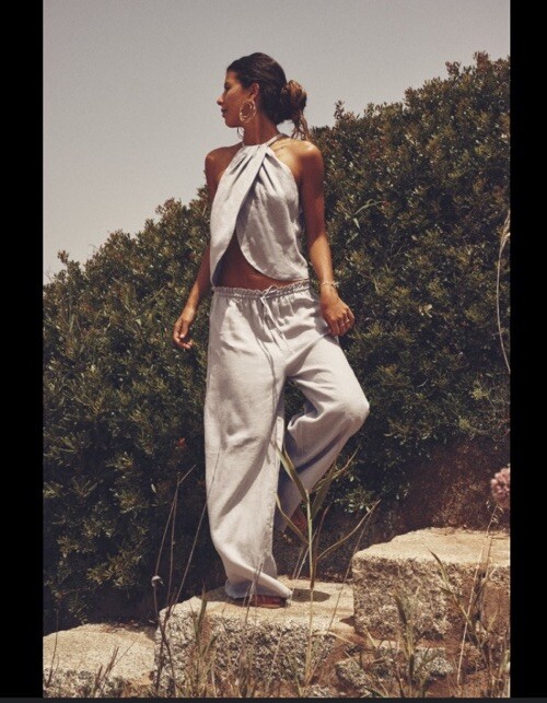 Zara Co Ord Set Grey 100% Linen Wide Leg Trousers Halter Top XS