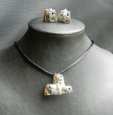 Vintage Southwestern Sterling Silver Pendant / Brooch & Clip Earrings Pueblos