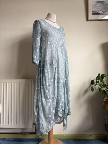 GRIZAS 85% Silk/Cotton Blue Midi Dress XS Chest 36" Textured Spot Lagenlook