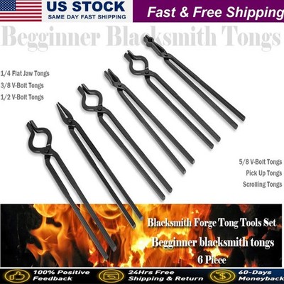 6 Pcs Blacksmith Tongs Set Anvil Forge Knife Making Tools Set V Bolt Flat Jaw