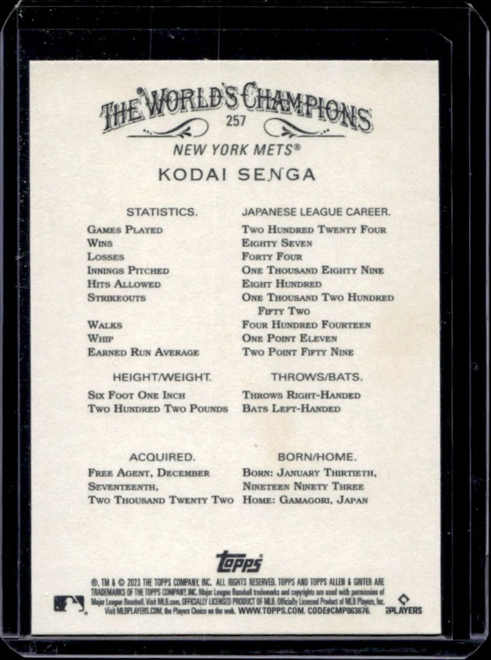 2023 Topps Allen & Ginter X Kodai Senga RC Rookie #257 Mets - Image 2 of 2