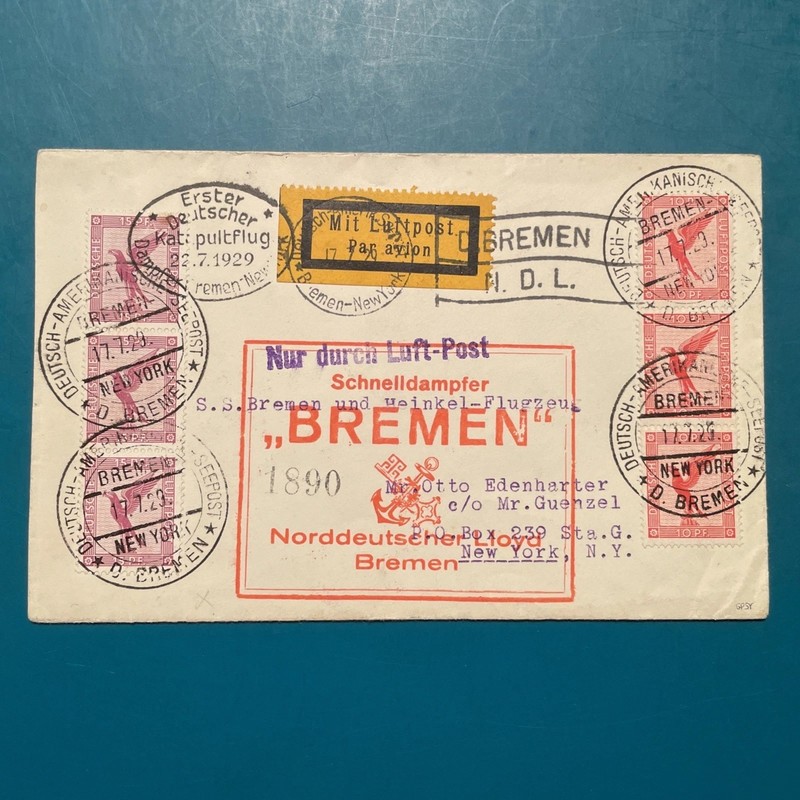 1929 SS Bremen First German Catapult Flight Cover Jul 22 1929 Inaugural NY