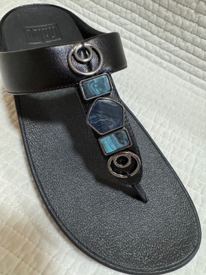 FITFLOP FINO LEATHER STONE TRIM EMBELLISHED TOE POST SANDALS ALL BLACK SIZE 7