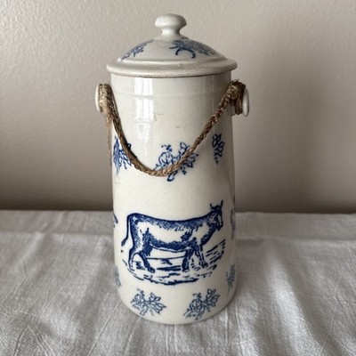 French Saint Uze Milk Pail Pitcher Jug With Lid And Twine Jute Handle Cow Stamp