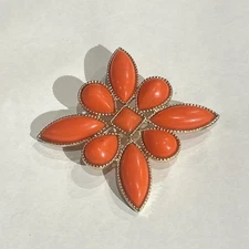 Vintage Estate Signed Emmons Brooch Coral Orange Gold Tone Cabochon Classic 1970