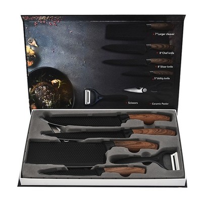 6 Piece Black Non-Stick Coated Stainless Steel Blade Kitchen Knife Set Cover
