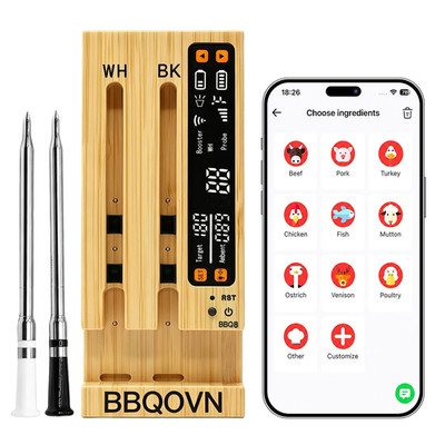 BBQOVN WiFi Sub-1G Wireless Meat Thermometer Unlimited Range 7 NIST Certified Se