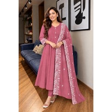 Women Indian Anarkali Kurta Palazzo Dupatta Set Chanderi Embroidered Party Wear