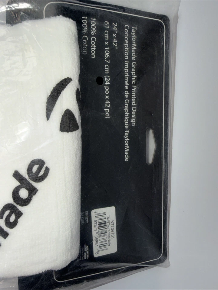 全新 TaylorMade Tour 白色/黑色 24 英寸 x 42 英寸棉质高尔夫毛巾 — 第 4/4 张图片