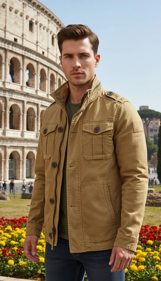 Chaqueta de Carga Militar Forrada de Franela CALI HOLI para Hombres Camel Foto 2 de 4