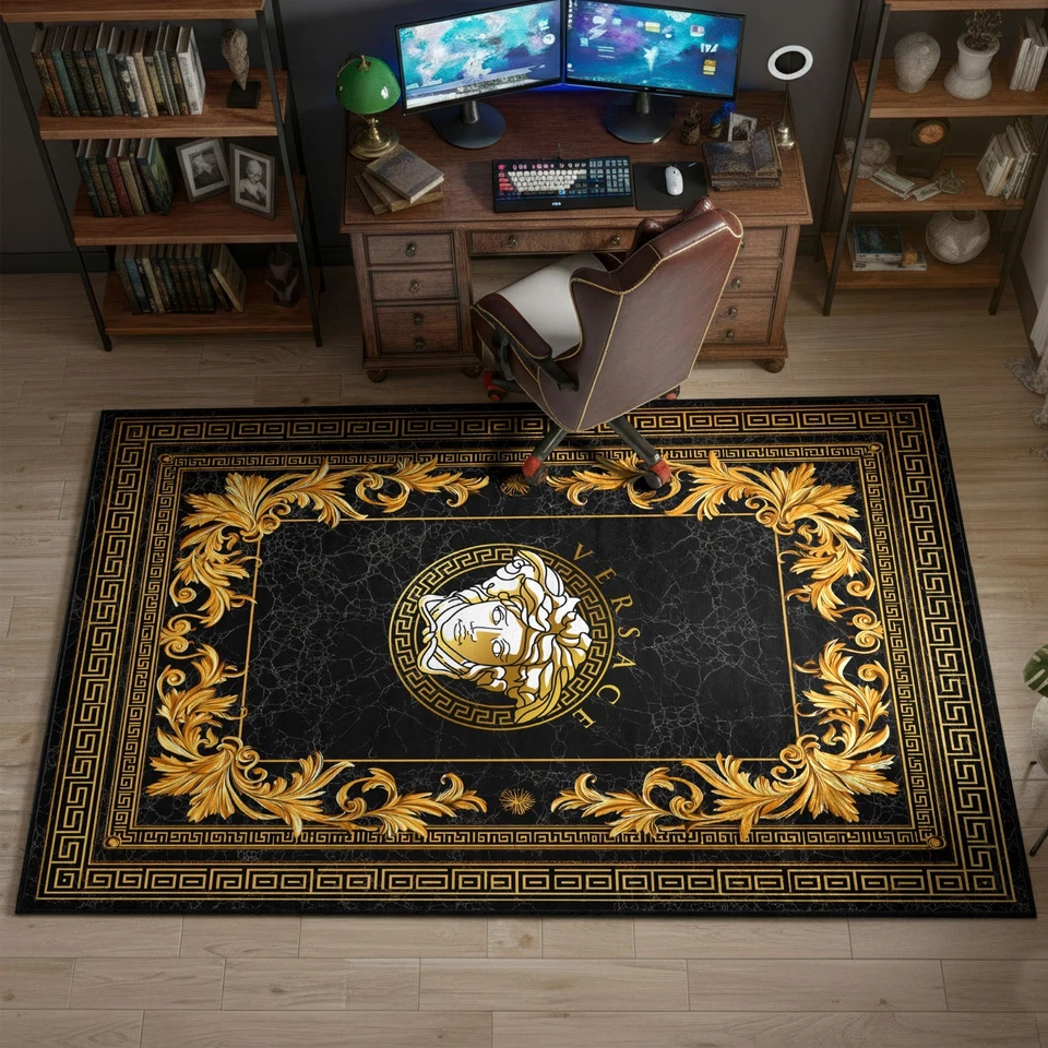 Black Versace Rug, Gold Greek Key Carpet, Versace Style Mat, Ornate Decor - Image 2 of 4
