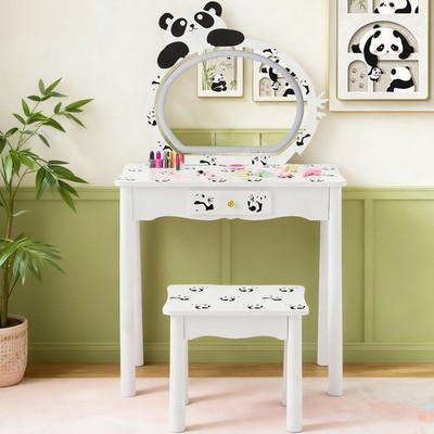 Black and white panda, solid wood legs, 1-drawer children's vanity set