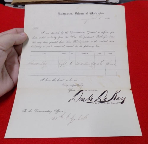 ORIGINAL 1863 CIVIL WAR FURLOUGH DOCUMENT RELATING TO WOUNDED UNION SOLDIER