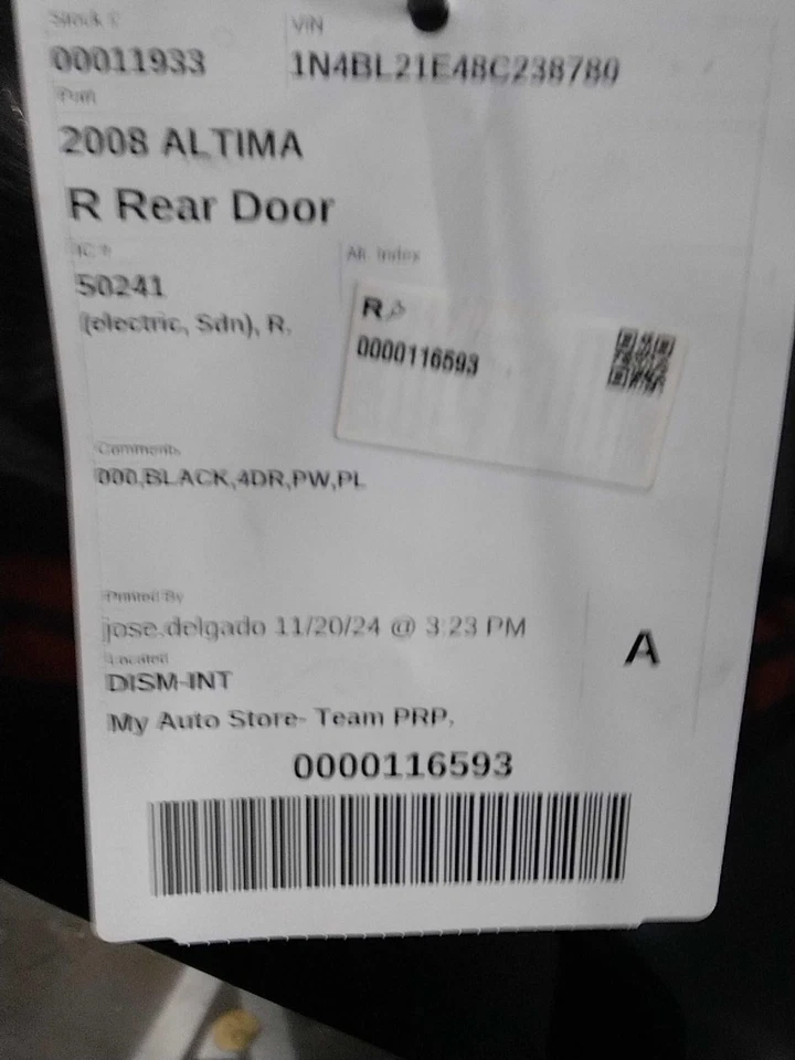 2008 Nissan Altima Rear Right Door Black PW PL OEM Used 171K Miles - Image 2 of 4