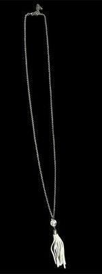 Silver Tone Cable Chain Necklace with White Tassel Pendant, Faux Suede