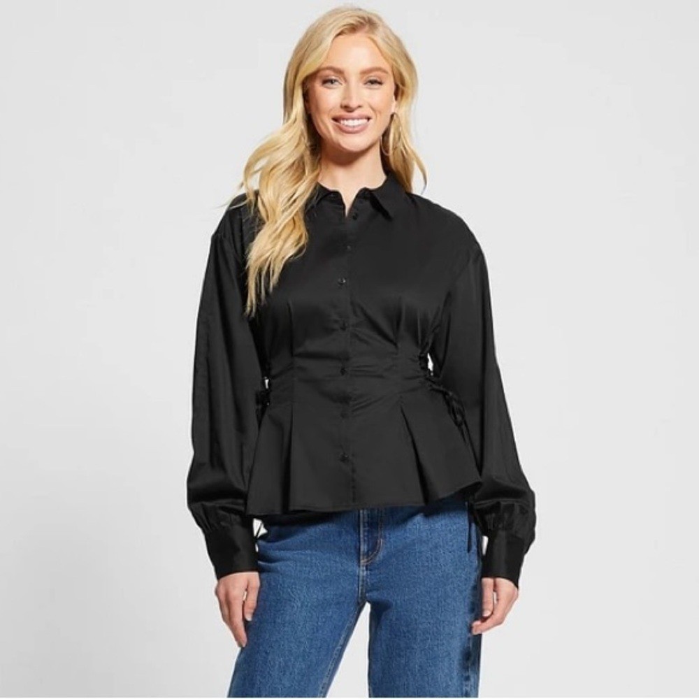 GUESS Black Lace Up Waist Button Down Blouse Size M Cotton Peplum Top NWT